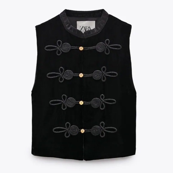 Zara | Tops | Zara Black Embroidered Velvet Toggle Vest | Poshmark